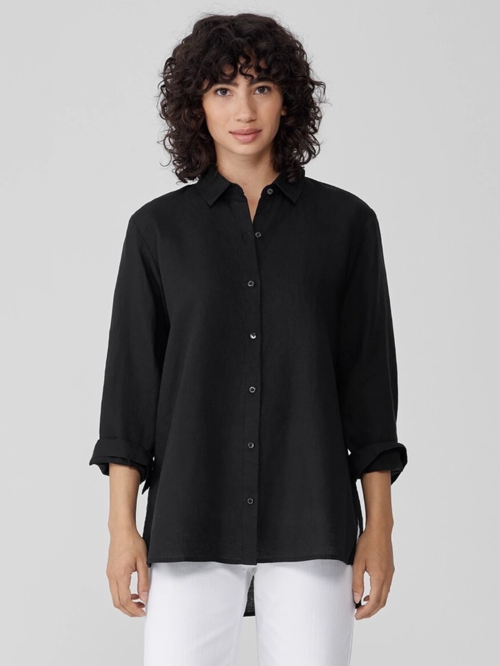 Unworn Eileen Fisher Organic Linen Classic Collar Shirt in Black